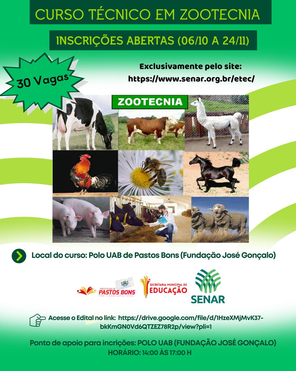 o SENAR e a prefeitura municipal de pastos bons, informa a abertura de processo seletivo para o curso técnico em zootecnia para ingresso em 2026.1
